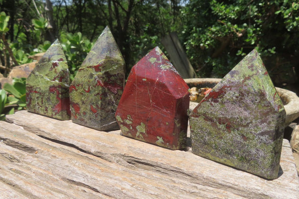 Polished Bastite Dragons Blood Stone Points x 4 From Tshipise, South Africa