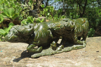 Hand Made Lion & Buffalo Verdite Carvings x 2 From Zimbabwe