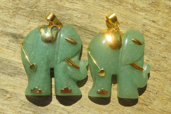 Polished Larger Aventurine Elephant Pendant with 9ct Gold Plated Bail and Trim - Sold Per Item - From Zimbabwe