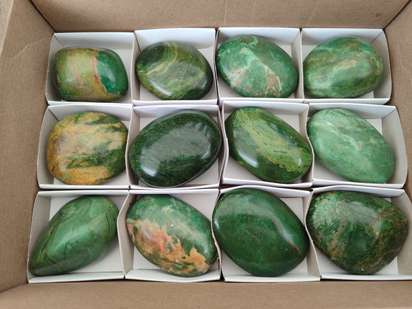 Polished Green Verdite Palm Stones x 12 From Zimbabwe