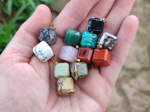 Polished Mixed Box Set of 12 Gemstone Dice Pendants - Sold Per Box - From World