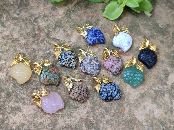 Polished Mixed Box Set of 12 Gemstone Strawberry Pendants with Gold Leaf Clasp - Sold Per Box - From World