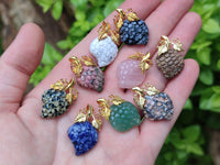 Polished Mixed Box Set of 12 Gemstone Strawberry Pendants with Gold Leaf Clasp - Sold Per Box - From World