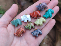 Polished Mixed Box Set of 12 Gemstone Elephant Pendants with Gold Clasp - Sold Per Box - From World