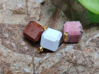 Polished Mixed Box Set of 20 Gemstone Dice Pendants with Gold Clasp - Sold Per Box - From World