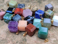 Polished Mixed Box Set of 20 Gemstone Dice Pendants with Gold Clasp - Sold Per Box - From World