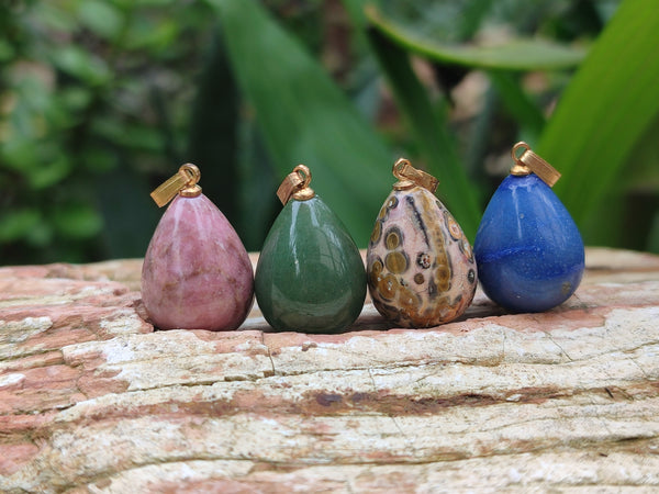 Hand Made Mixed Box Set of 12 Mini Gemstone Teardrop Pendants with Gold Clasp - Sold Per Box - From World