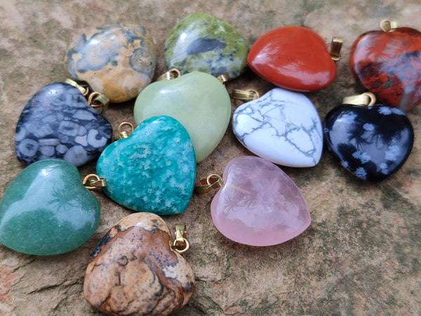 Polished Mixed Box Set of 12 Mini Gemstone Heart Pendants with Gold Clasp - Sold Per Box - From World