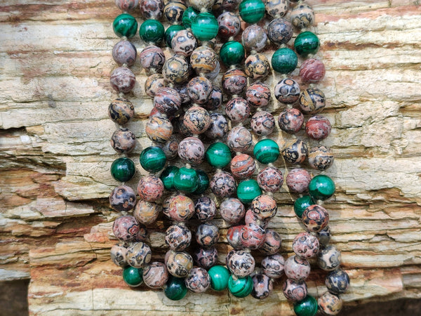 Polished Snakeskin Rhyolite Jasper and Malachite Bead Necklace - Sold per Item- From Australia