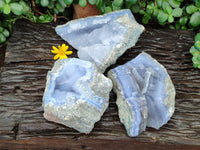 Natural Blue Lace Agate Geode Specimens x 3 From Malawi