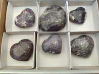 Polished Lepidolite with Pink Rubellite Gemstone Hearts x 6 From Madagascar