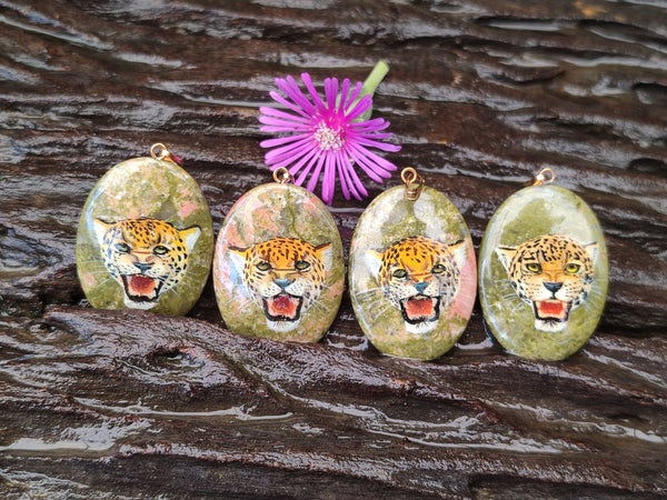 Polished Unakite Pendant with Hand Painted Leopard - Sold Per Item - From South Africa