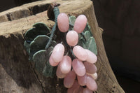 Polished Rose Quartz Hanging Bunch of Grapes with Green Fuchsite Leaves - sold per item - From South Africa