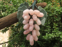 Polished Rose Quartz Hanging Bunch of Grapes with Green Fuchsite Leaves - sold per item - From South Africa