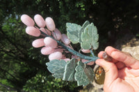 Polished Rose Quartz Hanging Bunch of Grapes with Green Fuchsite Leaves - sold per item - From South Africa