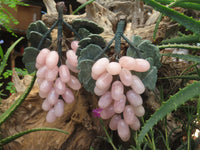 Polished Rose Quartz Hanging Bunch of Grapes with Green Fuchsite Leaves - sold per item - From South Africa