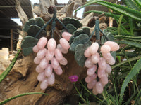 Polished Rose Quartz Hanging Bunch of Grapes with Green Fuchsite Leaves - sold per item - From South Africa