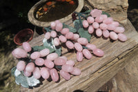 Polished Rose Quartz Hanging Bunch of Grapes with Green Fuchsite Leaves - sold per item - From South Africa