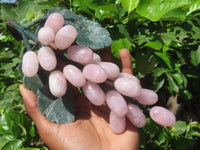 Polished Rose Quartz Hanging Bunch of Grapes with Green Fuchsite Leaves - sold per item - From South Africa