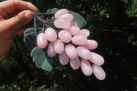 Polished Rose Quartz Hanging Bunch of Grapes with Green Fuchsite Leaves - sold per item - From South Africa