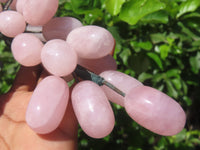 Polished Rose Quartz Hanging Bunch of Grapes with Green Fuchsite Leaves - sold per item - From South Africa