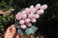 Polished Rose Quartz Hanging Bunch of Grapes with Green Fuchsite Leaves - sold per item - From South Africa