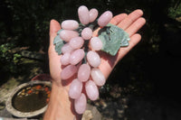 Polished Rose Quartz Hanging Bunch of Grapes with Green Fuchsite Leaves - sold per item - From South Africa