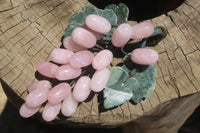 Polished Rose Quartz Hanging Bunch of Grapes with Green Fuchsite Leaves - sold per item - From South Africa