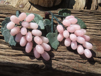 Polished Rose Quartz Hanging Bunch of Grapes with Green Fuchsite Leaves - sold per item - From South Africa