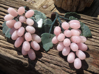 Polished Rose Quartz Hanging Bunch of Grapes with Green Fuchsite Leaves - sold per item - From South Africa