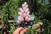 Polished Rose Quartz Hanging Bunch of Grapes with Green Fuchsite Leaves - sold per item - From South Africa