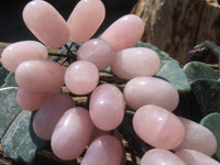 Polished Rose Quartz Hanging Bunch of Grapes with Green Fuchsite Leaves - sold per item - From South Africa