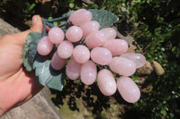 Polished Rose Quartz Hanging Bunch of Grapes with Green Fuchsite Leaves - sold per item - From South Africa