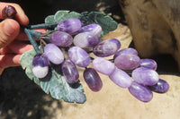 Polished Amethyst Hanging Bunch of Grapes with Green Fuchsite Leaves - sold per item - From South Africa