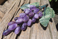 Polished Amethyst Hanging Bunch of Grapes with Green Fuchsite Leaves - sold per item - From South Africa