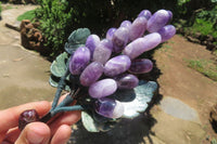 Polished Amethyst Hanging Bunch of Grapes with Green Fuchsite Leaves - sold per item - From South Africa