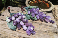 Polished Amethyst Hanging Bunch of Grapes with Green Fuchsite Leaves - sold per item - From South Africa