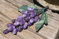 Polished Amethyst Hanging Bunch of Grapes with Green Fuchsite Leaves - sold per item - From South Africa