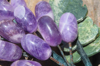 Polished Amethyst Hanging Bunch of Grapes with Green Fuchsite Leaves - sold per item - From South Africa