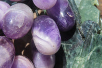 Polished Amethyst Hanging Bunch of Grapes with Green Fuchsite Leaves - sold per item - From South Africa