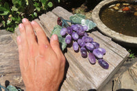 Polished Amethyst Hanging Bunch of Grapes with Green Fuchsite Leaves - sold per item - From South Africa