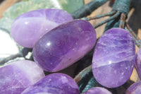 Polished Amethyst Hanging Bunch of Grapes with Green Fuchsite Leaves - sold per item - From South Africa