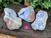 Natural Blue Lace Agate Geode Specimens x 3 From Malawi