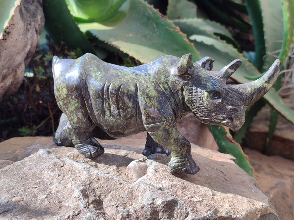 Hand Made Leopard Stone Rhino Carvings x 2 From Zimbabwe