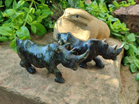 Hand Made Leopard Stone Rhino Carvings x 2 From Zimbabwe