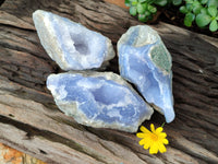 Natural Blue Lace Agate Geode Specimens x 3 From Malawi