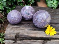 Polished Lepidolite with Pink Rubellite Spheres x 3 From Ambatondrazaka, Madagascar