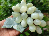 Polished Nephrite Jade Hanging Bunch of Grapes with Green Quartzite Leaves - Sold Per Item - From Zimbabwe