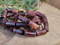 Polished Red Tigers Eye Cylinder Shaped Beaded Necklace with Cabochons on Clasp - Sold Per Item - From South Africa