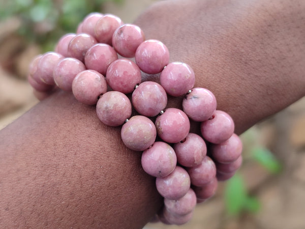 Polished Pink Rhodonite Beaded Clip On Bracelet - Sold Per Item - From Madagascar